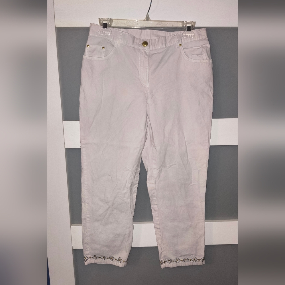 Ruby Rd. Cream Ankle Pants with Embroidered Hem